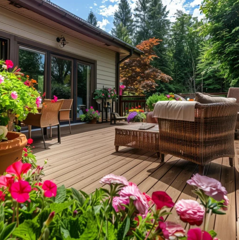 wood deck with nice flowers
