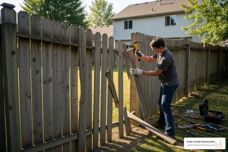 ## Why Timely Fence Repair Matters for Allentown Homeowners ![fence repair Allentown PA](https://images.bannerbear.com/direct/4mGpW3zwpg0ZK0AxQw/requests/000/126/302/676/jMDOvP3KezRNnnx4zlqoyk8AW/53f0941103ea03384fea40b7897dbd7fb783bbca.jpg) For homeowners in the Lehigh Valley, **fence repair Allentown PA** is a crucial service for maintaining a property's security, curb appeal, and value. From winter storm damage to summer wood rot, finding the right local professionals makes all the difference. **Top-rated fence repair companies serving Allentown, PA:** - **Anchor Fence of the Lehigh Valley** - Serving the region since 1979, offering residential and commercial fencing services - **Montco Fence** - Family-owned since 1971, specializing in all fence types with no subcontractors - **Lehigh Valley Fence Company** - Over 40 years of experience with a 5-year workmanship guarantee - **Allentown Fence Repair** - Opened in 2016 with 30+ years of team experience, offering customized solutions - **Creative Fence Company** - Angie's List Super Service Award winner since 2009 **Common services include:** post repair, panel replacement, gate adjustments, rust treatment, wood rot remediation, and seasonal damage restoration. Your fence is more than a boundary; it provides protection, privacy, and contributes to your home's first impression. A failing fence compromises these benefits and can lower your property value. The Lehigh Valley's climate, with its freeze-thaw cycles and summer humidity, poses unique challenges for all types of fencing. While obvious problems like leaning posts are easy to spot, subtle signs like soft wood, peeling paint, or small gaps also signal that repairs are needed. Catching these issues early saves money and extends your fence's lifespan. Professional fence repair typically costs between **$430 and $4,500**, depending on the damage and materials. Allentown contractors generally charge around **$50 per hour** for labor. This is often far less than a full replacement, especially considering a wood fence lasts about 15 years and vinyl up to 30 with proper care. I'm **Matt Strunk**, co-founder of Cedar Creek Construction. With experience in the industry, I know the importance of quality craftsmanship in protecting your property investment. Our team helps Lehigh Valley homeowners make informed decisions about **fence repair Allentown PA** and other outdoor projects. ## Is Your Fence Failing? Common Damage in the Lehigh Valley The Lehigh Valley's changing seasons are harsh on outdoor structures. The climate in Allentown, PA, and surrounding areas like Coopersburg and Macungie, takes a toll on all fencing materials due to hot, humid summers and cold, snowy winters. One of the biggest culprits is the **freeze-thaw cycle**. As temperatures fluctuate, absorbed moisture freezes and expands, causing cracks and weakening structural integrity, particularly in wood fences. Summer **humidity** accelerates wood rot and rust, while heavy **snow damage** can cause posts and panels to lean or break. **Wind damage** from storms can also knock down entire sections. These environmental factors make regular inspections and timely **fence repair Allentown PA** a necessity for local homeowners. For more insights, check our article on [Signs for Lehigh Valley Homeowners](https://cedarcreekconstruction.com/signs-for-lehigh-valley-homeowners/). ![leaning fence post after a winter storm - fence repair Allentown PA](https://images.bannerbear.com/direct/4mGpW3zwpg0ZK0AxQw/requests/000/126/302/663/DdWb1LGkNYN988oDQ70OKvRAP/cd0223b07e8619cdc700df2b84478c3f41216fb7.jpg) ### Common Signs You Need Fence Repair in Allentown, PA Catching fence damage early can save you from more extensive and costly repairs. Here are common indicators that your fence needs attention: * **Leaning Posts:** Unstraight posts often signal wood rot at the base, crumbling concrete footings, or soil erosion. A leaning fence is a security risk and an eyesore. * **Wood Rot:** Soft, discolored, or crumbling sections are a clear sign of rot, typically found at the base of posts. The affected wood usually needs replacement. * **Crumbling Concrete Footings:** Cracks or crumbling in concrete footings can lead to unstable posts and a leaning fence. * **Broken or Missing Panels/Pickets:** Gaps from missing or broken parts compromise your fence's privacy, security, and appearance. * **Rusted Metal:** For metal fences, reddish-brown discoloration means the protective coating has worn off, leaving the metal vulnerable. * **Peeling Paint or Stain:** This exposes bare wood to moisture and UV rays, accelerating rot and deterioration. * **Warped Boards:** Moisture and sun can cause wood boards to twist or cup, creating gaps and weakening the structure. * **Sagging Gates:** A gate that drags or won't close properly often points to issues with hinges, posts, or the gate frame itself. * **Pest Infestation Signs:** Small holes, sawdust, or visible insects on wood fences are red flags, as pests can destroy the fence from within. ### Proactive Fence Maintenance to Avoid Costly Repairs A little preventative care goes a long way in extending your fence's lifespan and minimizing the need for major **fence repair Allentown PA**. Here are our top maintenance tips: * **Annual Inspections:** Walk your fence line each spring to look for loose boards, leaning posts, rot, rust, or pest activity. Pay close attention to post bases and gate hardware. * **Cleaning Methods for Wood vs. Vinyl:** * **Wood Fences:** Gently power wash or scrub with a mild detergent to prevent mold and mildew. Use a specialized wood cleaner for stubborn stains. * **Vinyl Fences:** Wash once or twice a year with a hose, soapy water, and a soft brush to remove dirt and grime. Avoid abrasive cleaners. * **Sealing and Staining Wood Fences:** Apply a quality sealant or stain every 2-3 years to repel moisture, prevent UV damage, and slow the rotting process. * **Checking for Loose Hardware:** Periodically inspect and tighten all hinges, latches, and fasteners, especially on gates. Replace any rusted hardware. * **Clearing Debris from Fence Lines:** Keep vegetation and leaves away from the base of your fence to improve airflow, reduce moisture, and discourage pests. ## Understanding Repair Needs for Different Fence Types Different fence materials have unique vulnerabilities and repair needs. Understanding these is key to effective **fence repair Allentown PA**. For a deeper dive into materials, explore our guide on [Types of Fences and the Pros and Cons of Each](https://cedarcreekconstruction.com/types-of-fences-and-the-pros-consof-each/). ![showcasing various fence materials like wood, vinyl, and aluminum side-by-side - fence repair Allentown PA](https://images.bannerbear.com/direct/4mGpW3zwpg0ZK0AxQw/requests/000/126/302/674/LWXrA1qRoQvlMMZNzypMJegBj/3f983540638954ee242581706c8135861cdcdfdc.jpg) ### Wood Fence Repair Wood fences are beautiful but highly susceptible to the elements in the Lehigh Valley. **Common issues:** * **Rotting Posts or Slats:** The most frequent problem, especially at ground level, weakening the fence's structure. * **Warped Panels:** Humidity and sun exposure cause boards to twist, cup, or split. * **Insect Damage:** Termites and carpenter ants can compromise the fence's integrity from the inside out. * **Fading and Discoloration:** Sun exposure can bleach and weather the wood's natural color. **Repair services typically include:** * **Post Replacement:** Replacing a rotted or damaged post is often the best way to restore stability. * **Board/Panel Replacement:** Individual broken or rotted pickets or panels can be replaced to restore appearance and function. * **Staining and Sealing:** Applying a fresh coat of stain and sealant protects the wood from future moisture and UV damage. ### Vinyl and PVC Fence Repair Vinyl fences are low-maintenance and long-lasting but not immune to damage. **Common issues:** * **Cracks from Impact:** Extreme cold can make vinyl brittle, leading to cracks from impacts. * **Discoloration:** Lower-quality vinyl may experience chalking or slight discoloration from long-term UV exposure. * **Warping:** Intense heat can occasionally cause panels to warp if not installed correctly or if the material is poor quality. **Repair services typically include:** * **Panel Replacement:** Damaged interlocking panels can often be removed and replaced with a new one. * **Post Sleeve Repair/Replacement:** Cracked vinyl post sleeves can sometimes be repaired or, if severe, replaced entirely. * **Gate Adjustments:** Sagging or misaligned vinyl gates can be fixed by adjusting hinges or reinforcing the frame. ### Metal & Chain-Link Fence Repair Metal fences offer durability but have their own vulnerabilities. **Common issues:** * **Rust and Corrosion:** Iron and steel fences are prone to rust when exposed to moisture. * **Bent Posts or Rails:** Impact from vehicles or weather can bend metal components, compromising the structure. * **Sagging Chain-Link Mesh:** Over time, chain-link can stretch, sag, or detach from the top rail. * **Damaged Gates:** Metal gates can suffer from bent frames, broken welds, or faulty hinges. **Repair services typically include:** * **Rust Treatment:** Early-stage rust can be sanded, treated with an inhibitor, and repainted. * **Section Replacement:** Severely rusted or bent sections can be cut out and replaced. New chain-link mesh can be woven in. * **Tension Adjustments:** Re-tensioning chain-link mesh eliminates sagging and restores a taut appearance. * **Welding and Reinforcement:** Bent components on iron or aluminum fences can be straightened, re-welded, or reinforced. ## The Process of Fence Repair Allentown PA: From Quote to Completion Navigating the repair process is easier with the right professional. Here's how to handle your **fence repair Allentown PA** project from start to finish. ### Finding a Reliable Company for Fence Repair in Allentown, PA Choosing the right contractor is paramount. Look for a team with a proven track record of quality workmanship. * **Checking Experience:** Longevity signals reliability. Look for companies with decades of local experience, such as Montco Fence (since 1971), Anchor Fence (since 1979), and Lehigh Valley Fence Company (since 1979). * **Reading Online Reviews:** Use platforms like Angi or Google to gauge customer satisfaction. Creative Fence Company, for example, has earned the Angie's List Super Service Award annually since 2009. * **Verifying Licenses and Insurance:** This is non-negotiable. Ensure your contractor is licensed and carries liability insurance to protect you from accidents. * **Asking for a Portfolio:** A reputable company will gladly show you examples of their past work. * **Getting Multiple Quotes:** Contact several companies to compare pricing, proposed solutions, and timelines to understand fair market value. For more on our repair services, visit our page on [Fence Repairs](https://cedarcreekconstruction.com/fence-repairs/). ### Local Regulations and Permits Before starting a **fence repair Allentown PA** project, understand local rules. While minor repairs may not need a permit, significant changes often do. * **Allentown Permit Requirements:** The City of Allentown has specific codes governing fence construction and major repairs, including rules on height, setbacks, and materials. * **Fence Height Rules:** Front yard fences typically have different height limits than side and rear yard fences (e.g., 3.5 feet vs. 6 feet). Always verify. * **Property Line Considerations:** Know your exact property lines to avoid disputes with neighbors. * **HOA Guidelines:** If you're in an HOA, their rules on fence style, material, and height may supersede city ordinances. We advise checking with the **Allentown, PA municipal office** for the most current information. The city's website is a good resource: [http://www.allentownpa.gov/](http://www.allentownpa.gov/). A good contractor can help guide you, but compliance is the homeowner's responsibility. ### Understanding Costs and Warranties The cost of **fence repair Allentown PA** varies widely. * **Typical Cost Range:** Professional repairs can range from **$430 for minor fixes up to $4,500 or more** for extensive damage. * **Average Hourly Rate:** Fence installers in the area typically charge around **$50 per hour** for labor. * **Factors Affecting Price:** The final cost depends on the **materials** used, the **extent of damage**, the required **labor**, and site **accessibility**. * **What to Look for in a Warranty:** A good **workmanship guarantee** provides peace of mind. For example, some companies back their work for up to 5 years. This ensures that issues from faulty repair will be rectified at no cost. Always get warranty details in writing. ## Repair or Replace? Making the Right Decision for Your Fence One of the biggest dilemmas is deciding whether to repair a fence or invest in a full replacement. This choice for **fence repair Allentown PA** depends on several factors. For information on new installations, see our page on [New Fence](https://cedarcreekconstruction.com/new-fence/). ### When to Repair Your Fence Repair is often the most cost-effective solution in these situations: * **Minor Damage:** Localized issues like a few broken pickets, a single leaning post, or a gate adjustment don't compromise the whole fence. * **Less Than 25% of Fence Affected:** If less than a quarter of your fence is damaged, repairing those sections is more economical. * **Cost-Effectiveness:** The repair cost is significantly less than replacement and will extend the fence's life for several more years. * **Fence is Relatively New:** If your fence is still young (e.g., wood less than 10 years old), repairing it maximizes your initial investment. * **Localized Issues:** Problems like a broken hinge or a few rotted boards can be fixed without disturbing the rest of the fence. ### When to Replace Your Fence Sometimes, repair is a false economy. Consider replacement when: * **Widespread Damage:** If over 25-30% of the fence is damaged, replacement is often more cost-effective than cumulative repairs. * **Structural Integrity Compromised:** When multiple posts are leaning or the foundation is failing, the fence is no longer secure. Patching won't solve underlying structural problems. * **Constant Repair Needs:** If you're calling for **fence repair Allentown PA** every year, the fence has reached the end of its life. * **Outdated Style or Material:** Upgrading an old fence can boost curb appeal and property value, or allow you to switch to a lower-maintenance material. * **Age of the Fence:** Wood fences last about 15 years, while vinyl can last up to 30. If your fence is near or past its expected lifespan, replacement is often the smarter long-term choice. Here's a quick comparison to help you weigh your options: | Feature | Repair | Replace | | :---------------- | :---------------------------------------------- | :----------------------------------------------- | | **Cost** | Generally lower for localized issues | Higher initial investment | | **Time** | Quicker completion for minor fixes | Longer project duration | | **Material Life** | Extends life of existing fence | Fresh start, maximum lifespan for new material | | **Aesthetics** | Matches existing fence (may show wear) | Uniform new look, opportunity for upgrade | | **Structural** | Addresses localized weakness | Complete structural overhaul | | **Warranty** | Often covers specific repair work | Comprehensive warranty on new installation | ## Frequently Asked Questions about Lehigh Valley Fencing Here are answers to common questions we hear from homeowners in Allentown and the Lehigh Valley about **fence repair Allentown PA**. ### How much does fence repair typically cost in Allentown? The cost of **fence repair Allentown PA** varies, but generally ranges from **$430** for minor fixes to **$4,500 or more** for extensive work. Key factors influencing the price are the type of fence material, the extent of the damage, and labor costs, which average around **$50 per hour** in our area. For an accurate price, we always recommend getting a detailed quote from a reputable contractor. ### Do I need a permit for minor fence repairs in Allentown? It depends on the scope of the work. Generally, minor repairs like replacing a few pickets or fixing a gate hinge **do not require a permit**. However, major work that involves changing the fence's height or location, or replacing a substantial portion (e.g., over 25-50%), **will likely need a permit**. To be certain, always check with the **Allentown, PA municipal office** or their Department of Codes and Enforcement. You can find information on their website: [http://www.allentownpa.gov/](http://www.allentownpa.gov/). Also, remember to consult your HOA guidelines if you have one. ### How long does a typical fence repair take? The project duration for a **fence repair Allentown PA** can range from a few hours to several days. * **Small Jobs (Few Hours):** Simple tasks like tightening hardware or re-attaching a few pickets are usually quick. * **Medium Repairs (1 Day):** Replacing a single post or a small section of panels might take a full day. * **Larger Repairs (1-3 Days):** Projects involving multiple posts, several damaged sections, or re-tensioning a chain-link fence could take one to three days. The final timeline depends on the extent of the damage, material availability, and weather conditions. Ask your contractor for an estimated timeline with your quote. ## Your Next Step for a Secure and Beautiful Fence We've covered the essentials of **fence repair Allentown PA**, from spotting damage to deciding between repair and replacement. The key takeaway is clear: timely, professional repair is a vital investment in your home's security, privacy, and curb appeal. Ignoring fence issues leads to bigger problems and higher costs down the road. The Lehigh Valley's unique climate challenges demand expert attention to keep your fence in top condition. At Cedar Creek Construction, we provide high-quality, cost-effective solutions for your outdoor living needs, including comprehensive fence services. Our expertise ensures your fence is restored to its optimal condition. Don't let a failing fence compromise your peace of mind. If you're in Allentown, Coopersburg, Macungie, or anywhere in the Lehigh Valley, we're here to help. [Contact Us for your Lehigh Valley fence project](https://cedarcreekconstruction.com/new-decks/) and let us help you achieve a secure and beautiful fence that stands the test of time.