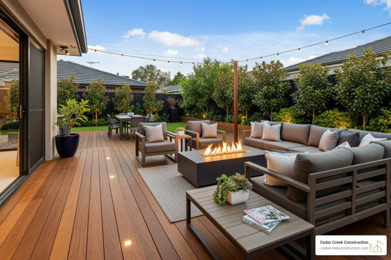 luxurious and inviting backyard living space with a deck, seating area, and fire pit - backyard living spaces
